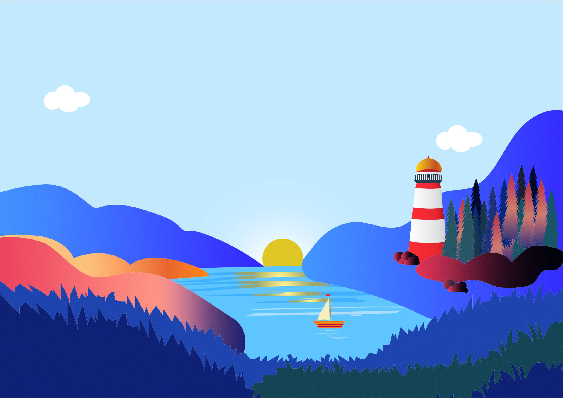 A colorful, coastal scene at sunset. Thier is a small sailboat in the water. And there's a red and white lighthouse with some trees in the background.