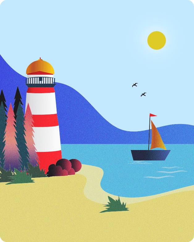 A colorful, coastal scene during the day. There’s a red and white lighthouse on the sandy shore with tall trees nearby. A sailboat is in the water and there are two birds flying,