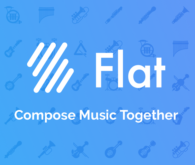 A vibrant blue background with the Flat.io logo in white, with instrument icons scattered across the design. The tagline says: 'Compose Music Together.
