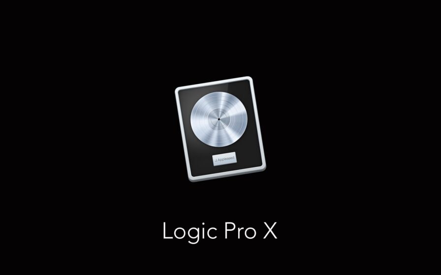 A sleek, minimalist design featuring the Logic Pro X logo, with a record disc icon on a black background